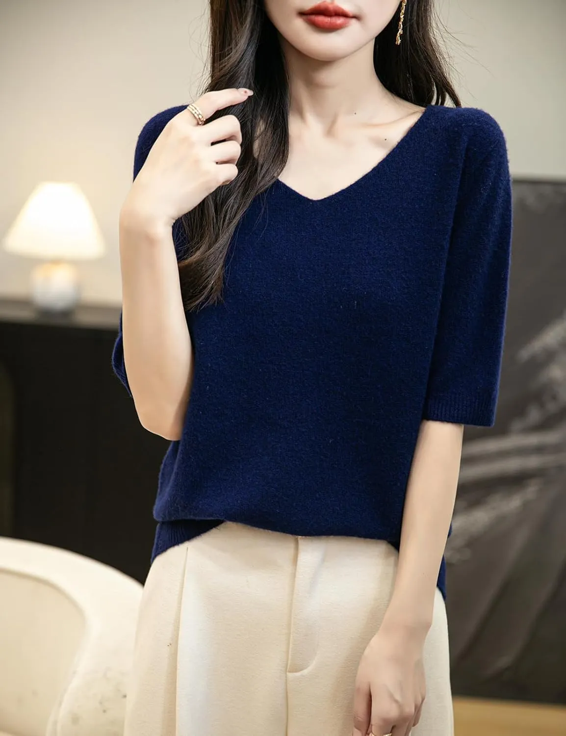 Women's V-Neck 100% Merino Wool Spring Fall Winter First-Line Ready to Wear Seamless Knit Shirt Short Sleeve Sweater