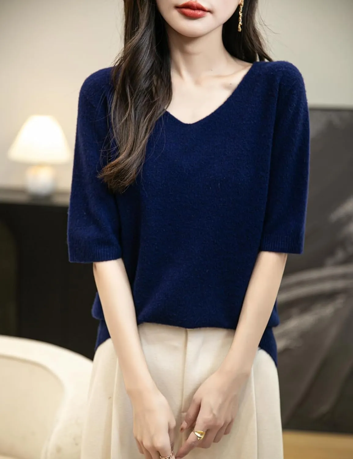 Women's V-Neck 100% Merino Wool Spring Fall Winter First-Line Ready to Wear Seamless Knit Shirt Short Sleeve Sweater