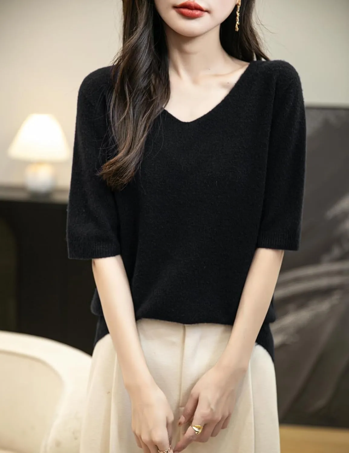 Women's V-Neck 100% Merino Wool Spring Fall Winter First-Line Ready to Wear Seamless Knit Shirt Short Sleeve Sweater