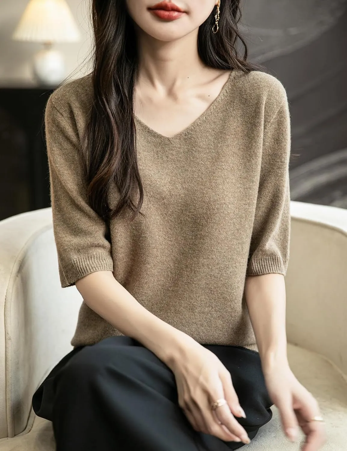 Women's V-Neck 100% Merino Wool Spring Fall Winter First-Line Ready to Wear Seamless Knit Shirt Short Sleeve Sweater