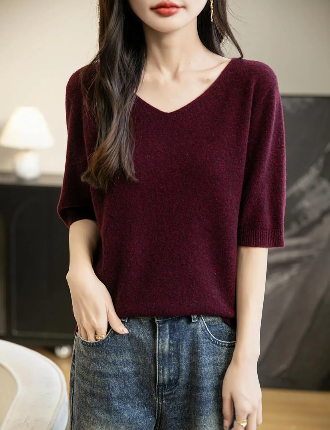 Women's V-Neck 100% Merino Wool Spring Fall Winter First-Line Ready to Wear Seamless Knit Shirt Short Sleeve Sweater