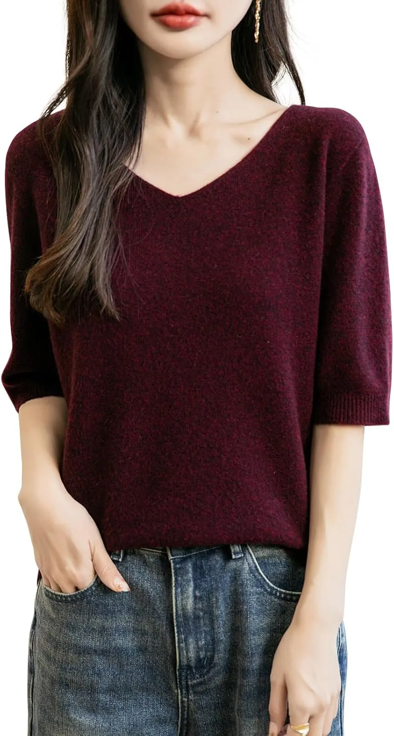Women's V-Neck 100% Merino Wool Spring Fall Winter First-Line Ready to Wear Seamless Knit Shirt Short Sleeve Sweater