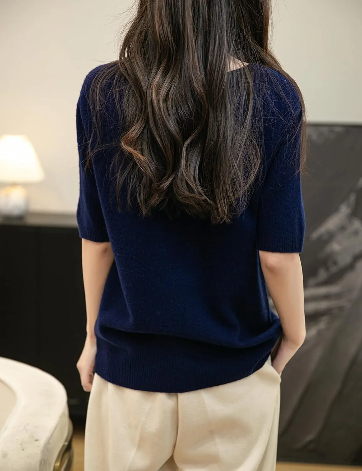 Women's V-Neck 100% Merino Wool Spring Fall Winter First-Line Ready to Wear Seamless Knit Shirt Short Sleeve Sweater