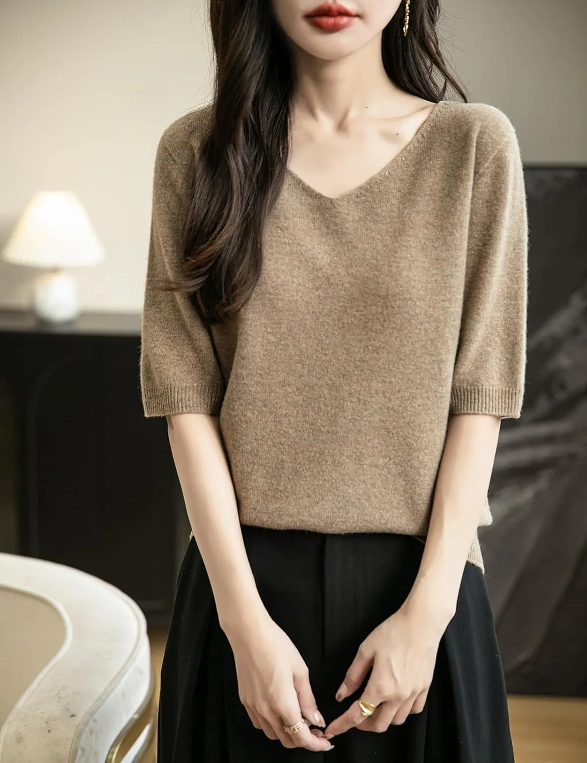 Women's V-Neck 100% Merino Wool Spring Fall Winter First-Line Ready to Wear Seamless Knit Shirt Short Sleeve Sweater