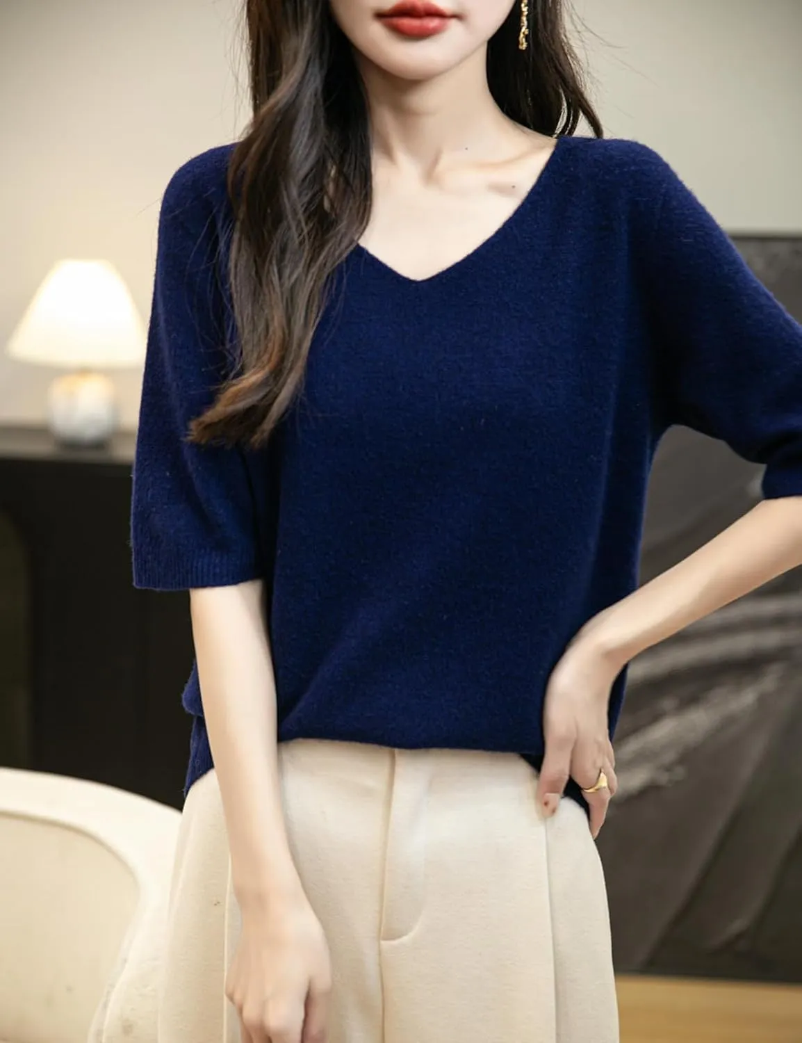 Women's V-Neck 100% Merino Wool Spring Fall Winter First-Line Ready to Wear Seamless Knit Shirt Short Sleeve Sweater