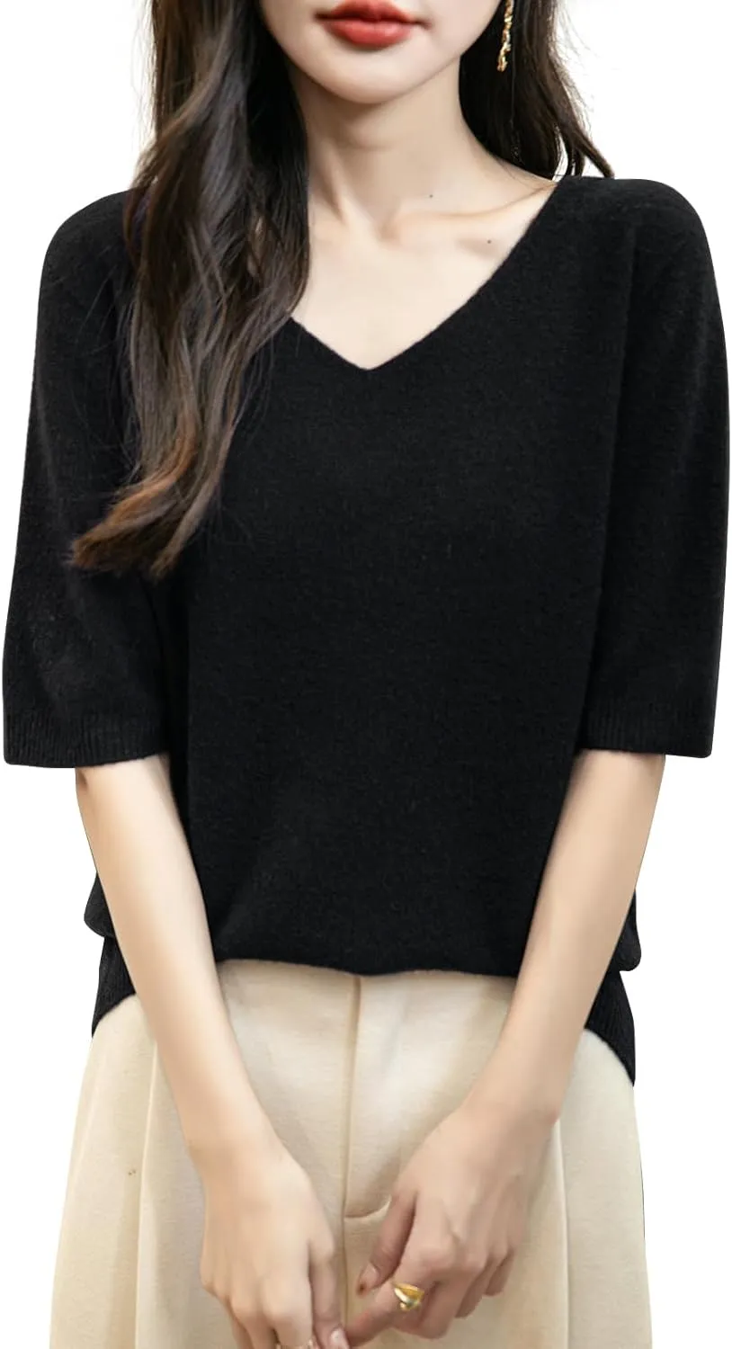 Women's V-Neck 100% Merino Wool Spring Fall Winter First-Line Ready to Wear Seamless Knit Shirt Short Sleeve Sweater