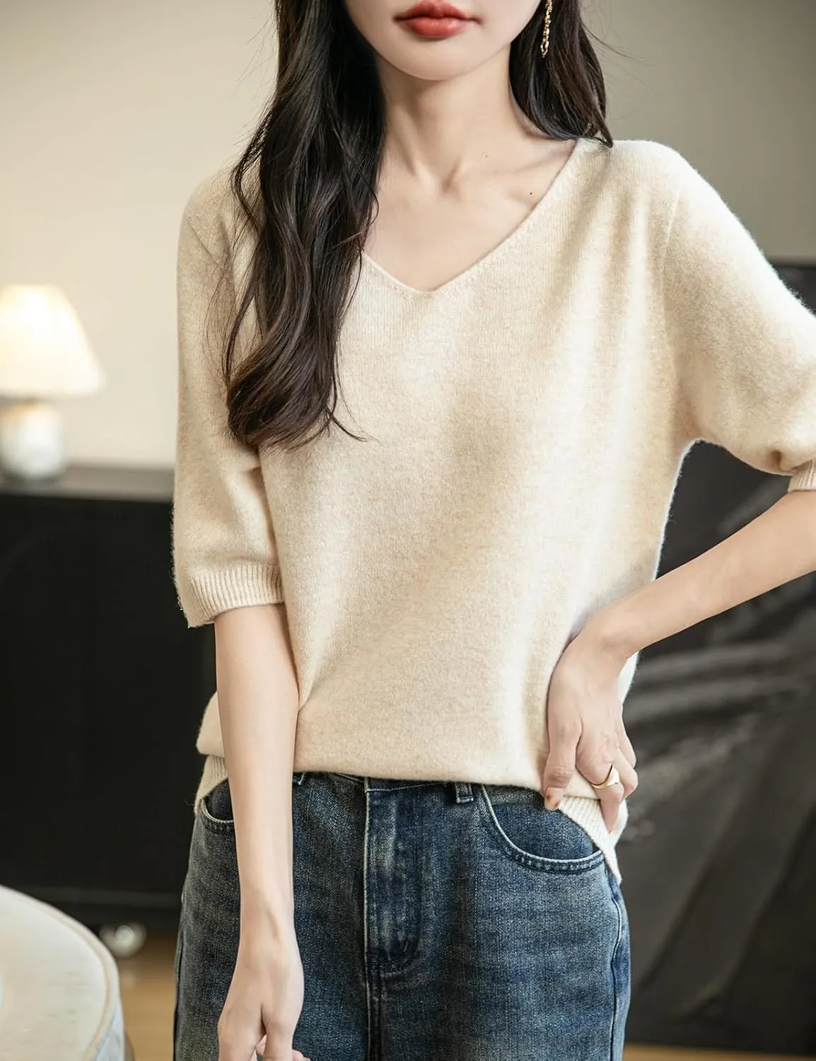 Women's V-Neck 100% Merino Wool Spring Fall Winter First-Line Ready to Wear Seamless Knit Shirt Short Sleeve Sweater