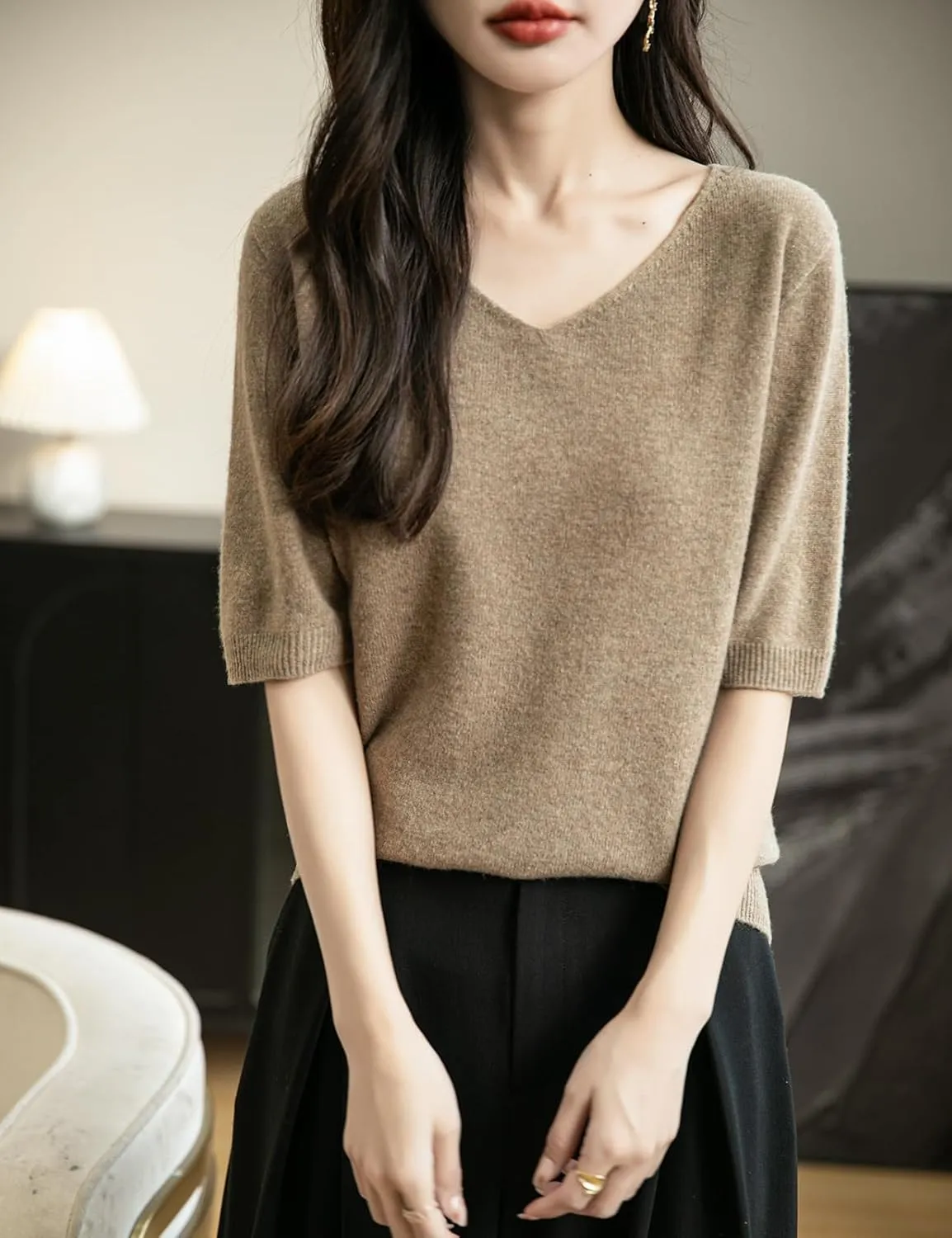 Women's V-Neck 100% Merino Wool Spring Fall Winter First-Line Ready to Wear Seamless Knit Shirt Short Sleeve Sweater