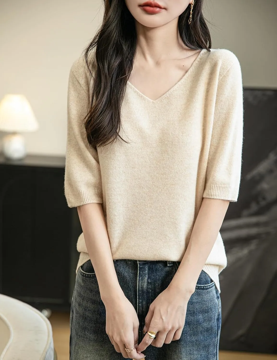 Women's V-Neck 100% Merino Wool Spring Fall Winter First-Line Ready to Wear Seamless Knit Shirt Short Sleeve Sweater
