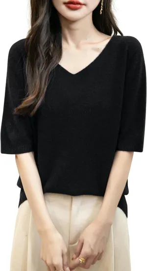 Women's V-Neck 100% Merino Wool Spring Fall Winter First-Line Ready to Wear Seamless Knit Shirt Short Sleeve Sweater