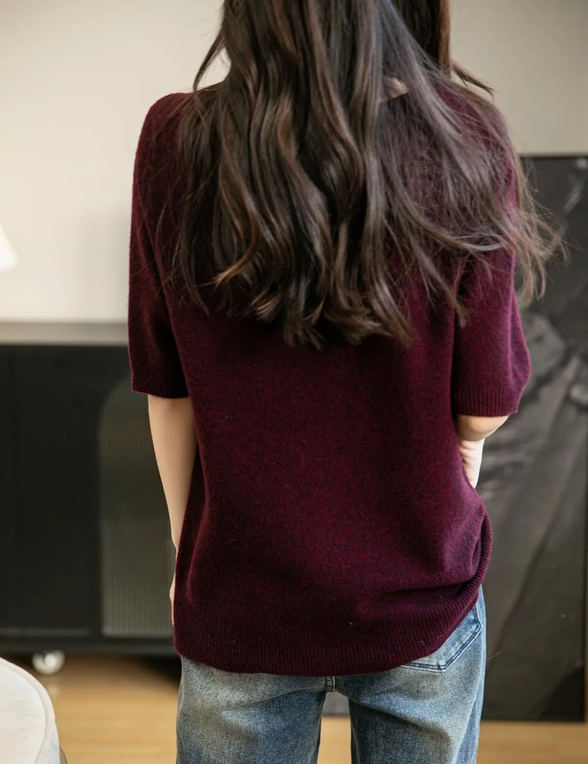 Women's V-Neck 100% Merino Wool Spring Fall Winter First-Line Ready to Wear Seamless Knit Shirt Short Sleeve Sweater