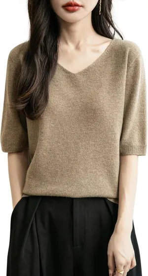 Women's V-Neck 100% Merino Wool Spring Fall Winter First-Line Ready to Wear Seamless Knit Shirt Short Sleeve Sweater