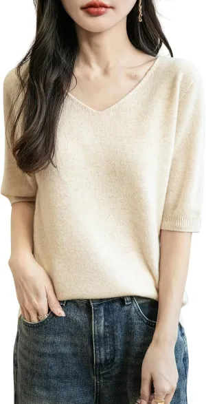 Women's V-Neck 100% Merino Wool Spring Fall Winter First-Line Ready to Wear Seamless Knit Shirt Short Sleeve Sweater