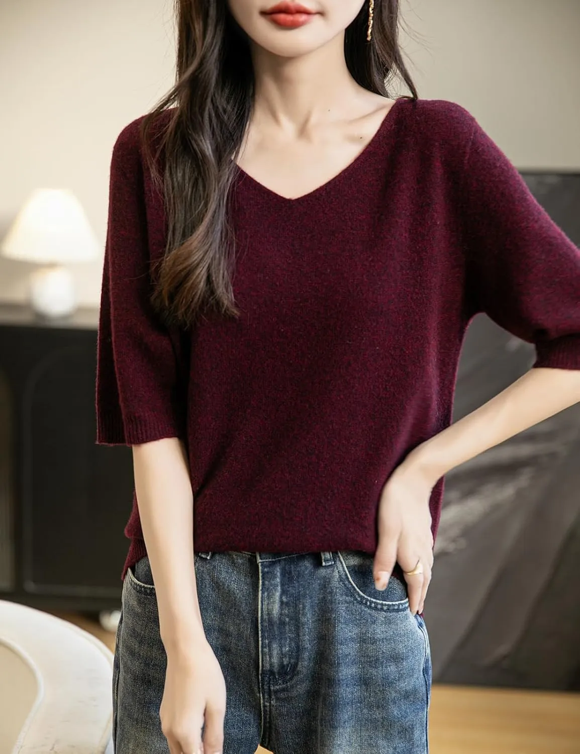 Women's V-Neck 100% Merino Wool Spring Fall Winter First-Line Ready to Wear Seamless Knit Shirt Short Sleeve Sweater
