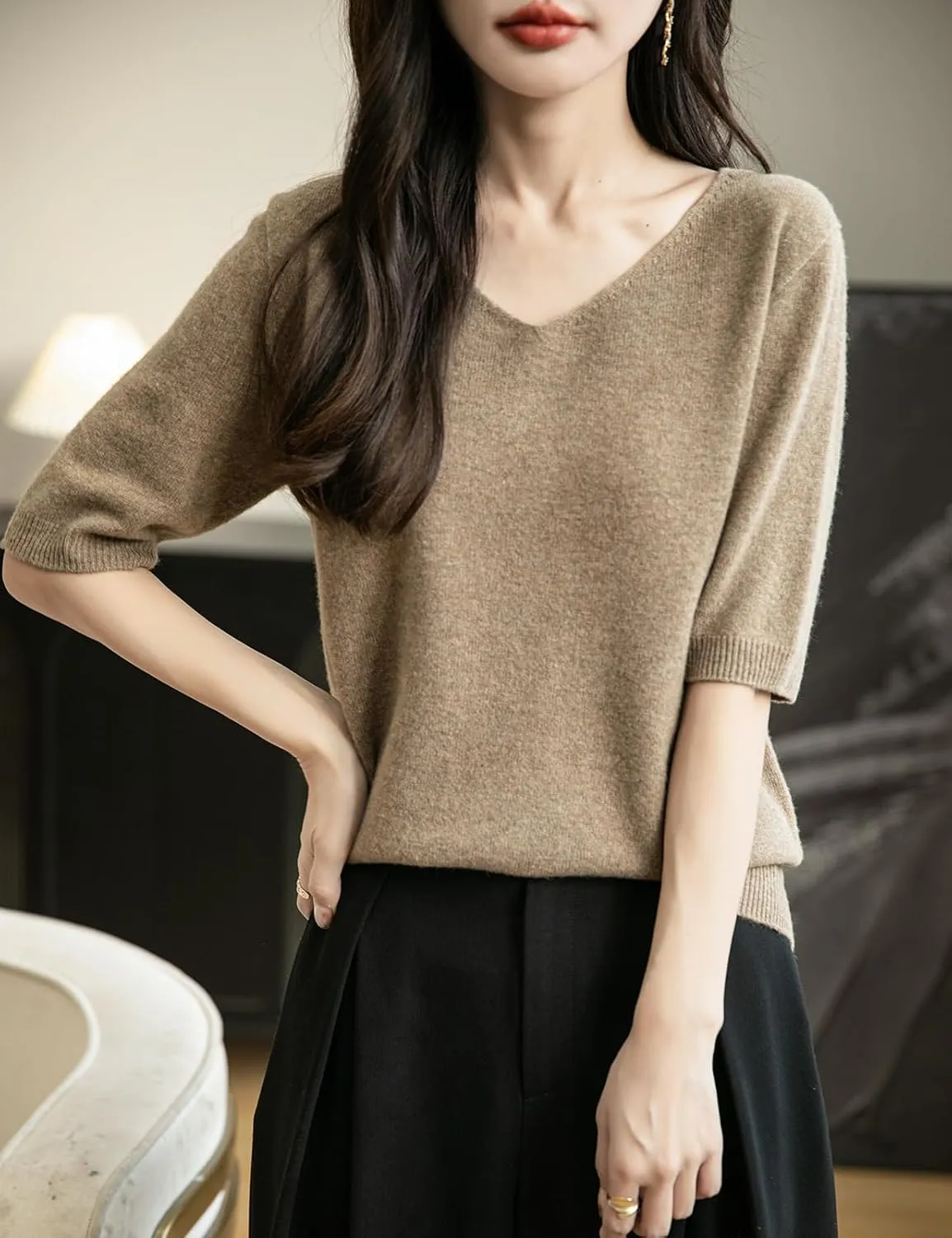Women's V-Neck 100% Merino Wool Spring Fall Winter First-Line Ready to Wear Seamless Knit Shirt Short Sleeve Sweater