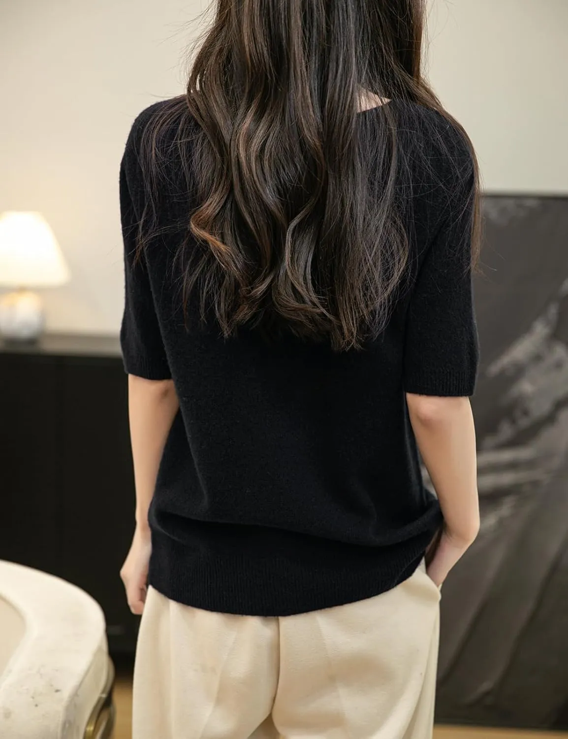 Women's V-Neck 100% Merino Wool Spring Fall Winter First-Line Ready to Wear Seamless Knit Shirt Short Sleeve Sweater