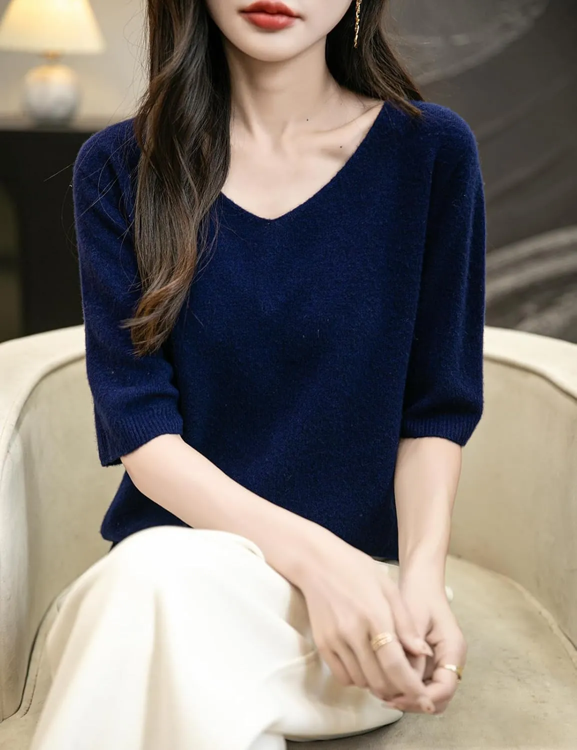 Women's V-Neck 100% Merino Wool Spring Fall Winter First-Line Ready to Wear Seamless Knit Shirt Short Sleeve Sweater