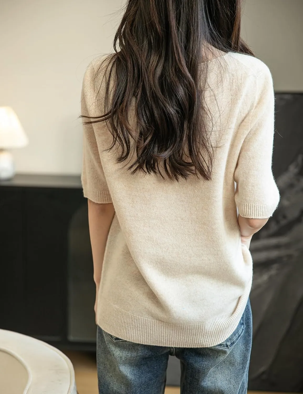 Women's V-Neck 100% Merino Wool Spring Fall Winter First-Line Ready to Wear Seamless Knit Shirt Short Sleeve Sweater