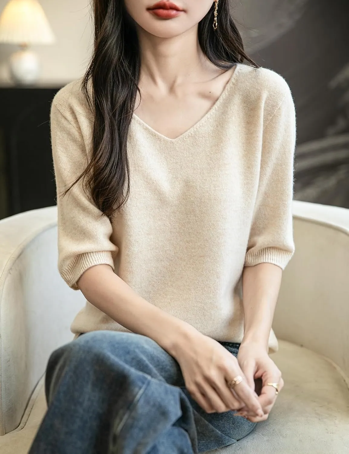 Women's V-Neck 100% Merino Wool Spring Fall Winter First-Line Ready to Wear Seamless Knit Shirt Short Sleeve Sweater