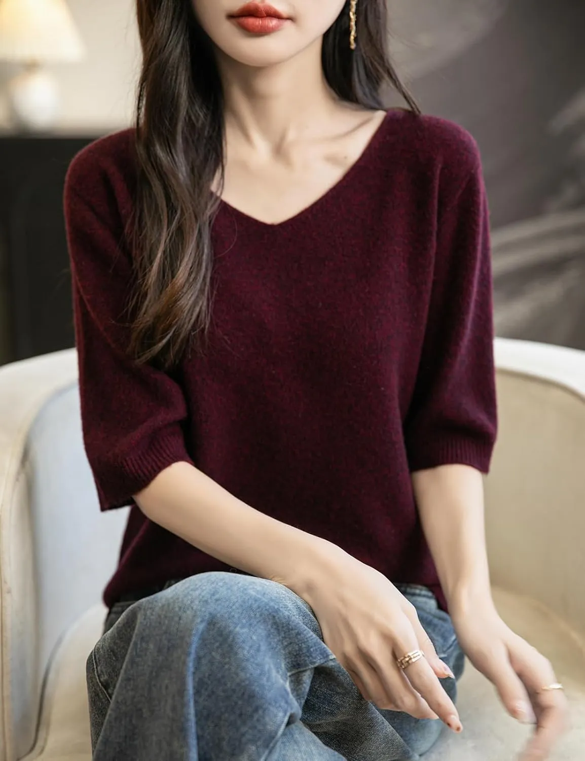 Women's V-Neck 100% Merino Wool Spring Fall Winter First-Line Ready to Wear Seamless Knit Shirt Short Sleeve Sweater