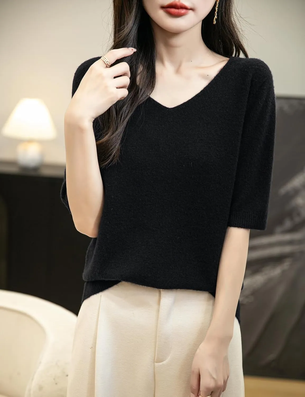 Women's V-Neck 100% Merino Wool Spring Fall Winter First-Line Ready to Wear Seamless Knit Shirt Short Sleeve Sweater