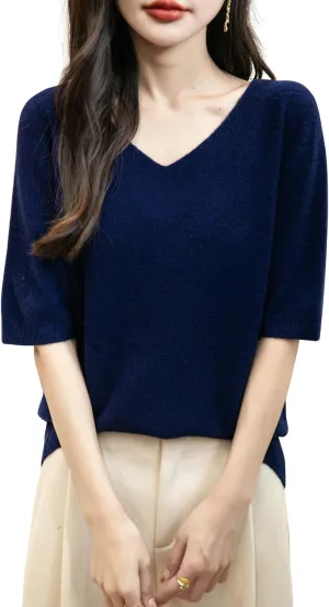 Women's V-Neck 100% Merino Wool Spring Fall Winter First-Line Ready to Wear Seamless Knit Shirt Short Sleeve Sweater