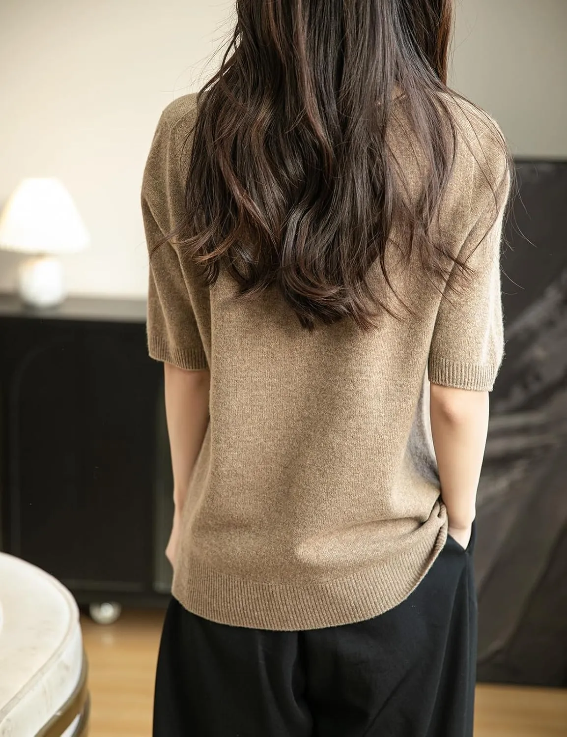 Women's V-Neck 100% Merino Wool Spring Fall Winter First-Line Ready to Wear Seamless Knit Shirt Short Sleeve Sweater