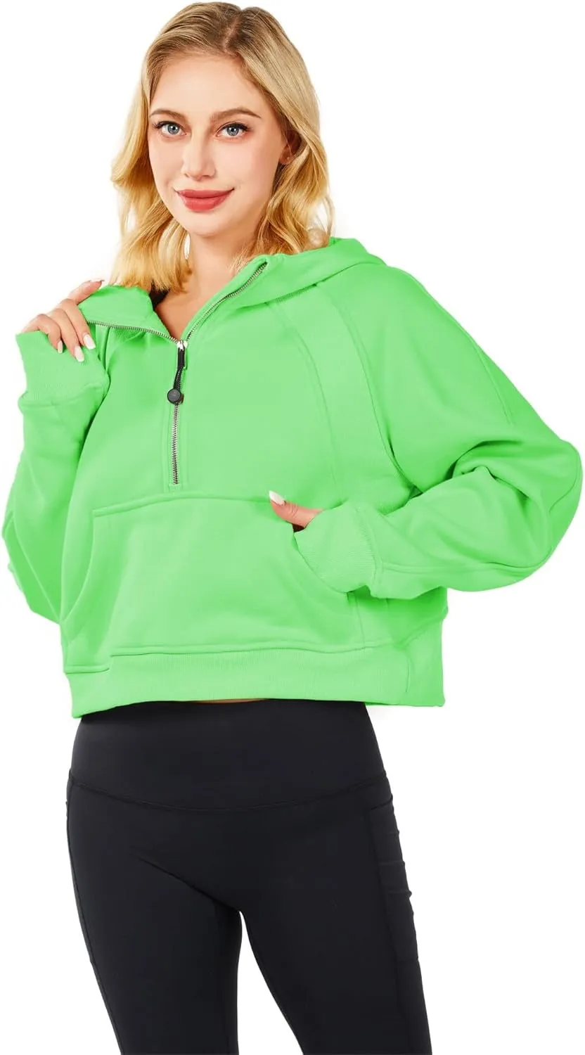 Workout Hoodies for Women Half Zip Fleece Lined Pullover Long Sleeve Crop Tops Sweater Thumb Hole