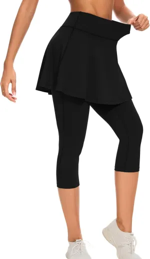 WOWENY Tennis Skirted Leggings with Pockets for Women Active Ruffle Pleated Golf Capris with Skort Pickleball Yoga Running