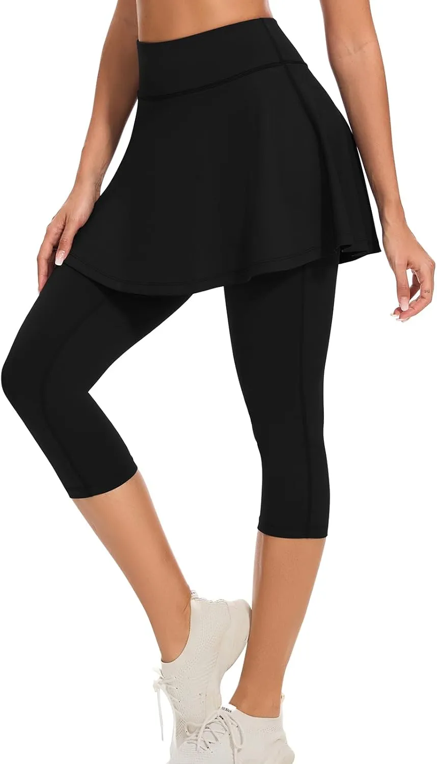 WOWENY Tennis Skirted Leggings with Pockets for Women Active Ruffle Pleated Golf Capris with Skort Pickleball Yoga Running