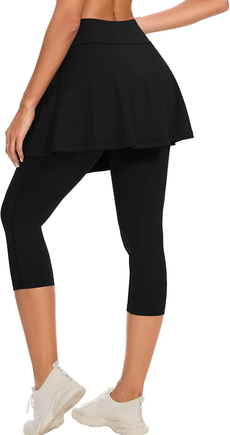 WOWENY Tennis Skirted Leggings with Pockets for Women Active Ruffle Pleated Golf Capris with Skort Pickleball Yoga Running