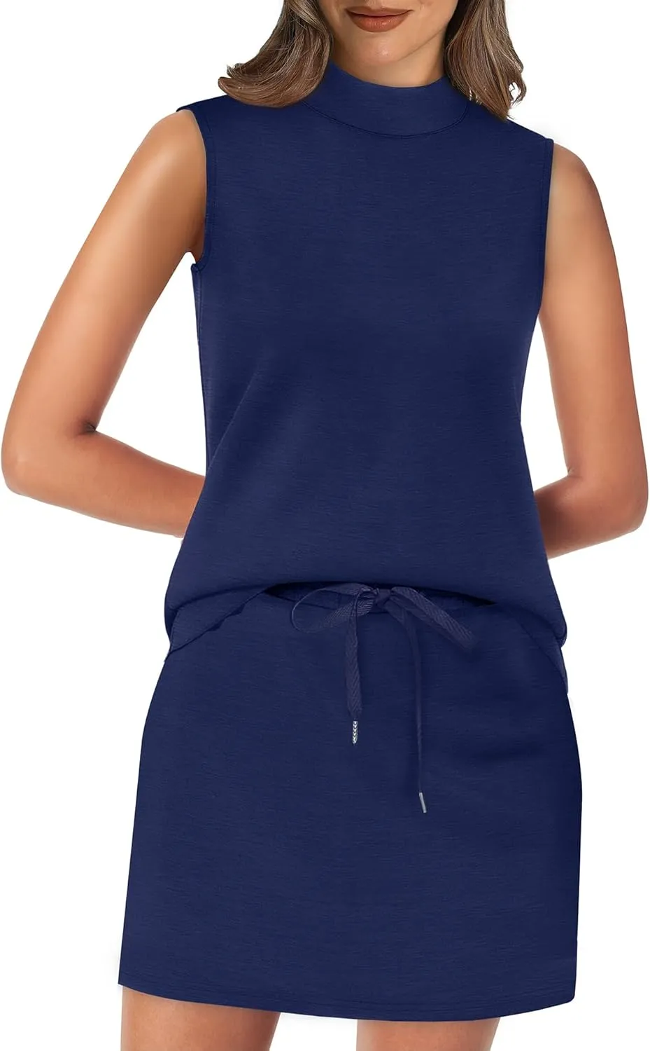 XIEERDUO Two Piece Skirt Sets for Women Summer Beach Vacation Outfits Mock Neck Tops Tennis Skirt Lounge Matching Sets