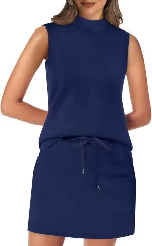 XIEERDUO Two Piece Skirt Sets for Women Summer Beach Vacation Outfits Mock Neck Tops Tennis Skirt Lounge Matching Sets