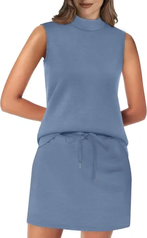 XIEERDUO Two Piece Skirt Sets for Women Summer Beach Vacation Outfits Mock Neck Tops Tennis Skirt Lounge Matching Sets