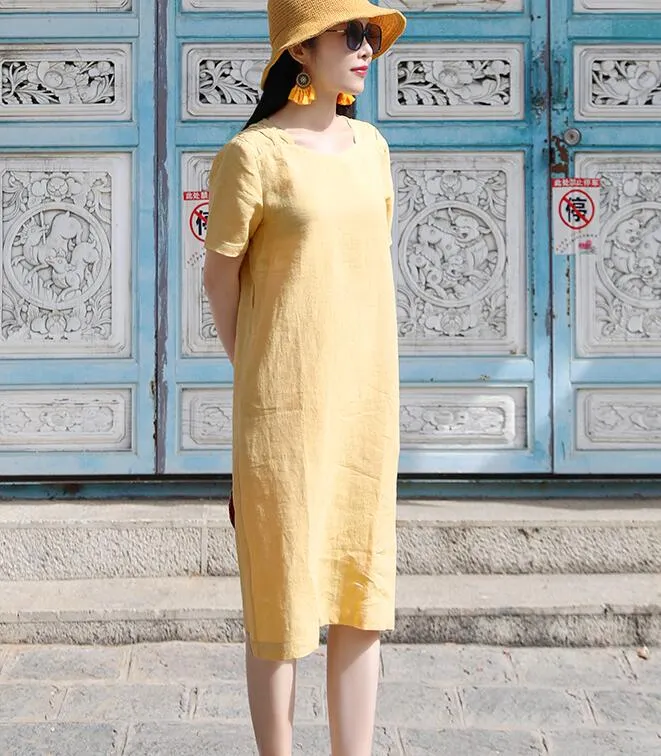 Yellow Women Dresses Ramie Casual Spring Linen Women Dresses SSM97215