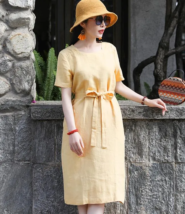 Yellow Women Dresses Ramie Casual Spring Linen Women Dresses SSM97215