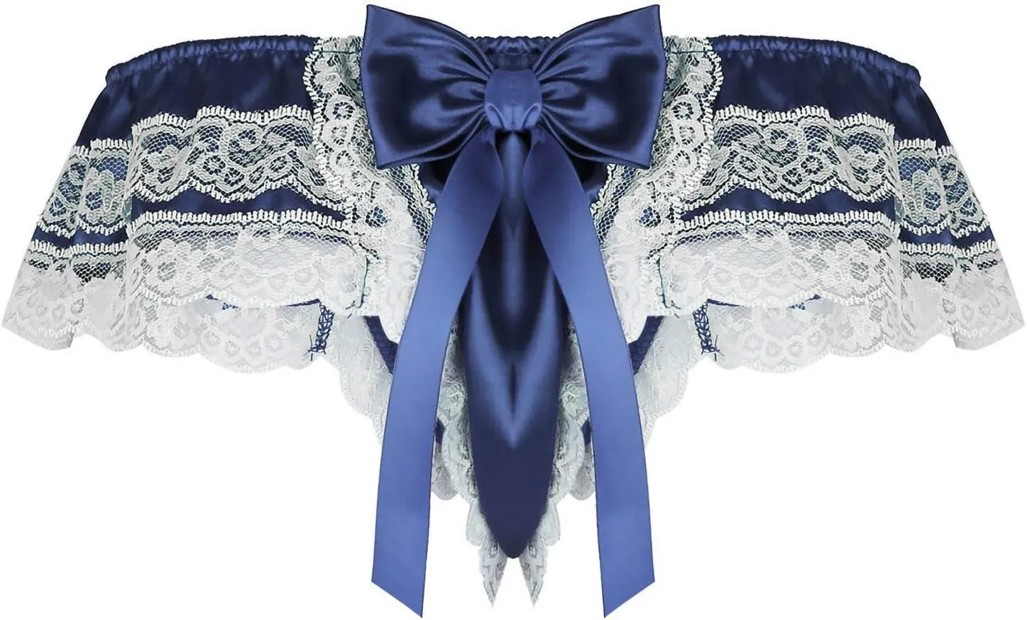YOLAI Men See Through Lingerie Bikini Back Bow Tie T Back Underwear Floral Lace Briefs Erotic Underwear (Navy, M)