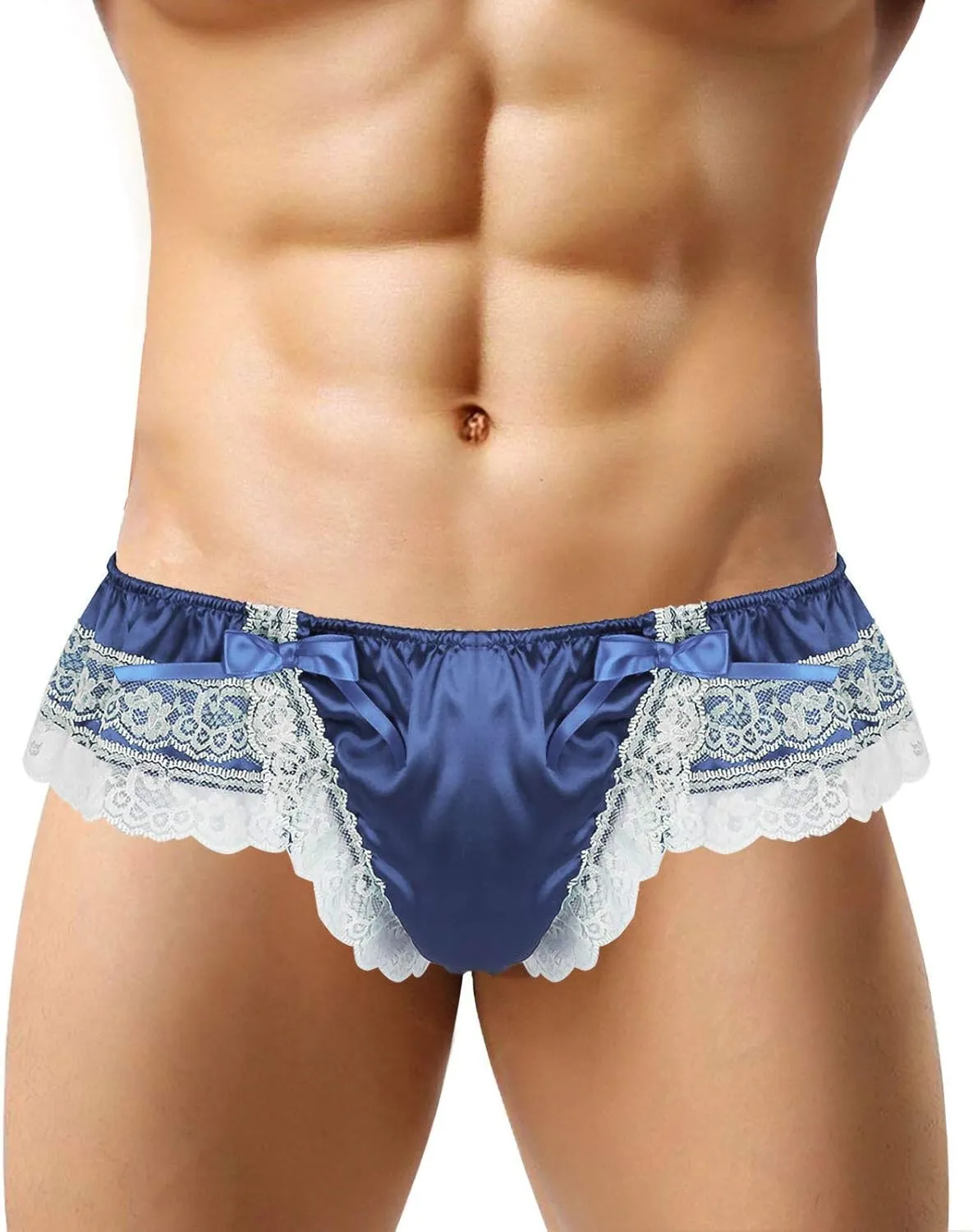 YOLAI Men See Through Lingerie Bikini Back Bow Tie T Back Underwear Floral Lace Briefs Erotic Underwear (Navy, M)