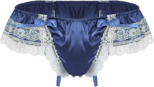 YOLAI Men See Through Lingerie Bikini Back Bow Tie T Back Underwear Floral Lace Briefs Erotic Underwear (Navy, M)