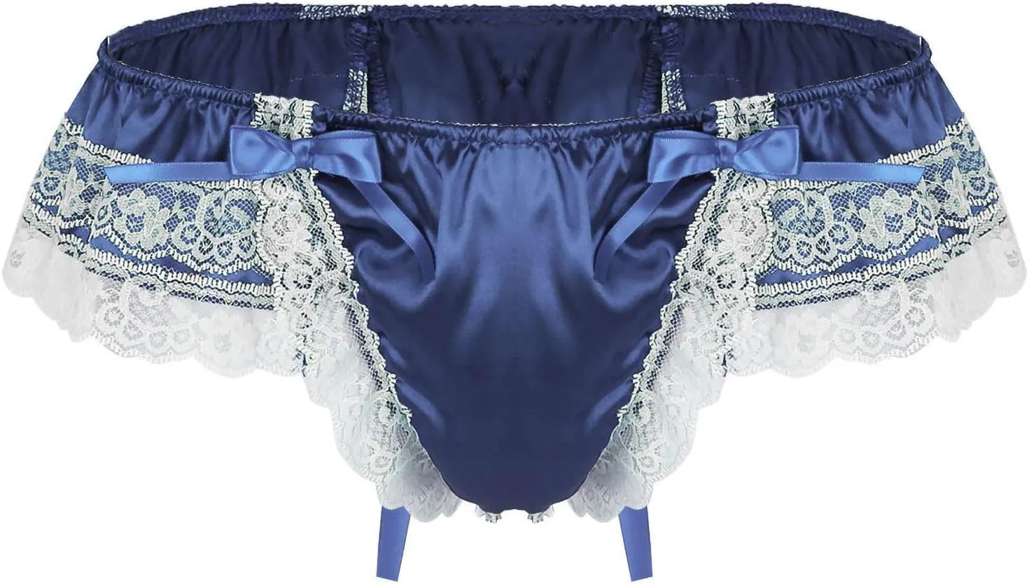 YOLAI Men See Through Lingerie Bikini Back Bow Tie T Back Underwear Floral Lace Briefs Erotic Underwear (Navy, M)