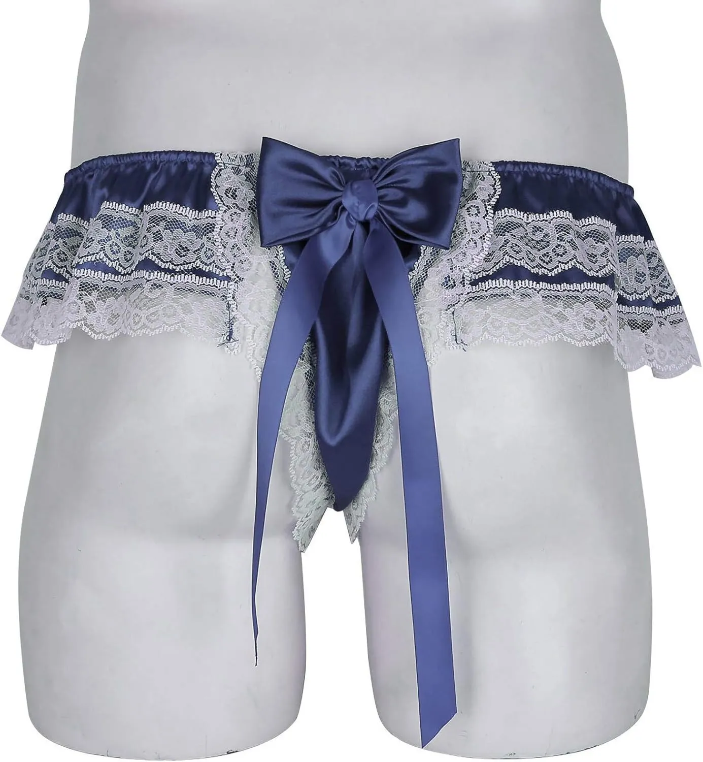 YOLAI Men See Through Lingerie Bikini Back Bow Tie T Back Underwear Floral Lace Briefs Erotic Underwear (Navy, M)