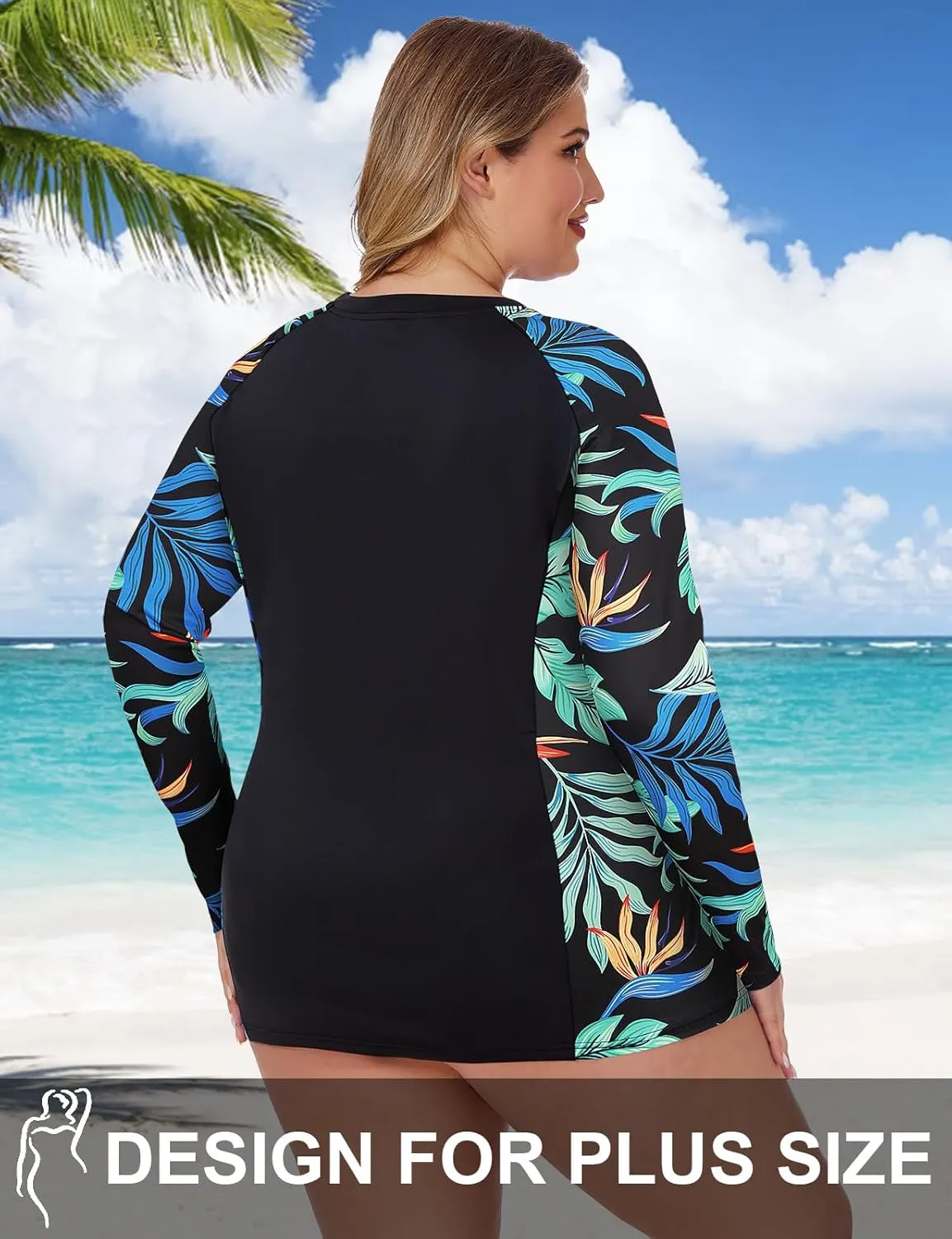 Zamowoty Women's Plus Size Rash Guard Long Sleeve Swim Shirt UPF50  Sun Protection Loose Fit Quick Dry Swimsuit Tops