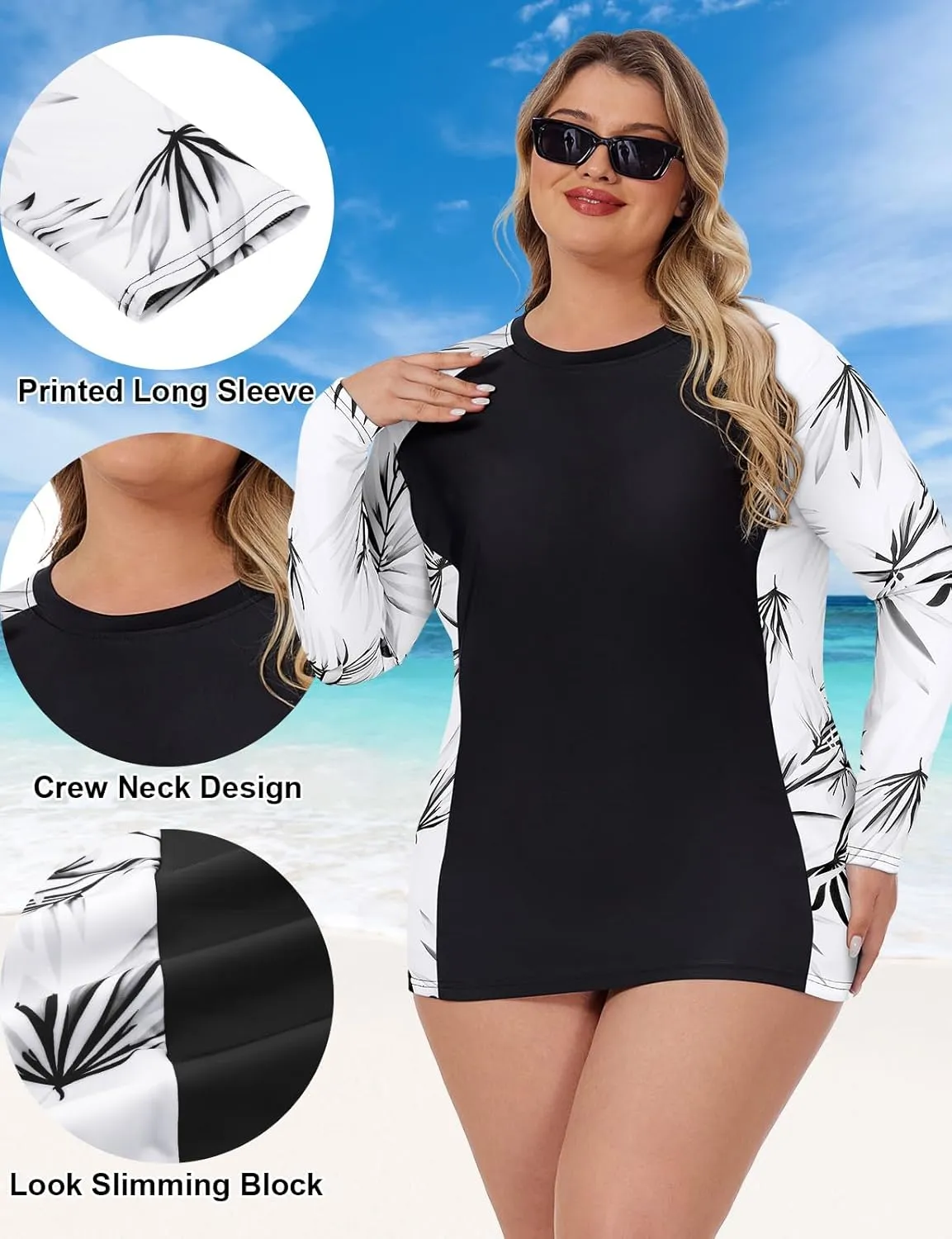 Zamowoty Women's Plus Size Rash Guard Long Sleeve Swim Shirt UPF50  Sun Protection Loose Fit Quick Dry Swimsuit Tops