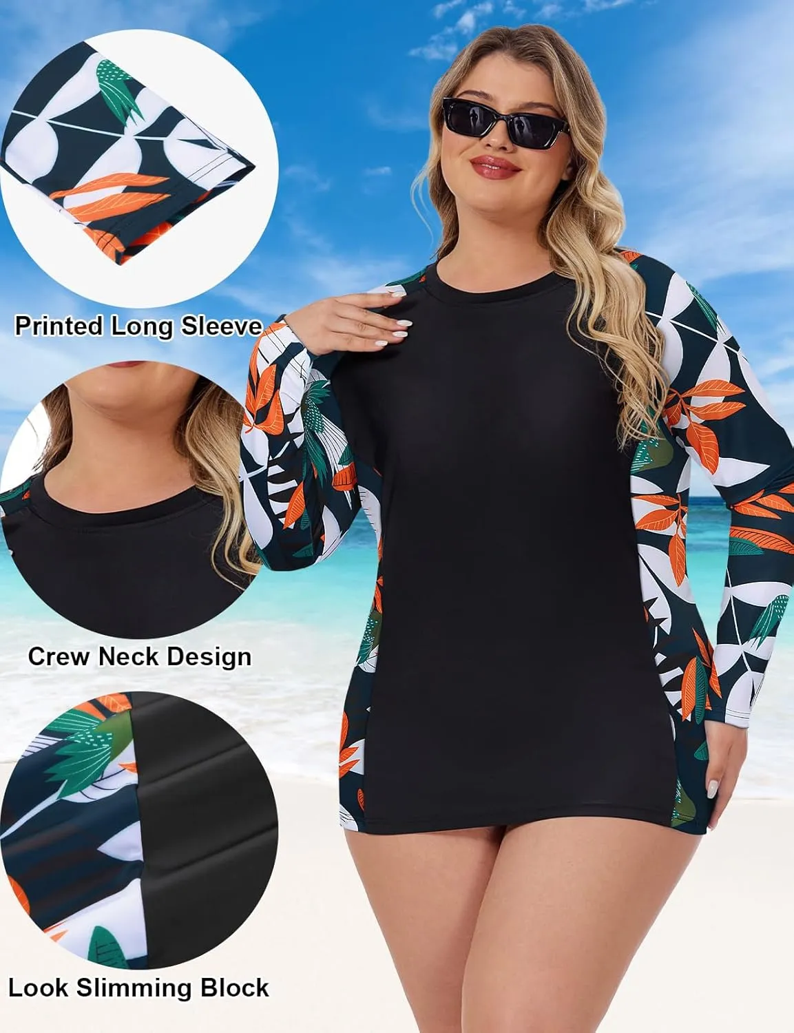 Zamowoty Women's Plus Size Rash Guard Long Sleeve Swim Shirt UPF50  Sun Protection Loose Fit Quick Dry Swimsuit Tops