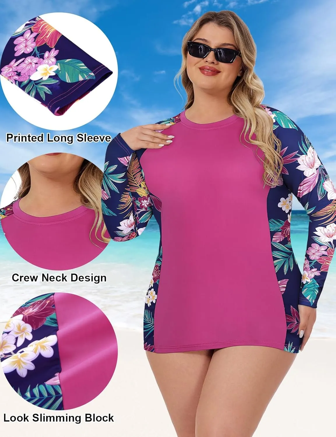 Zamowoty Women's Plus Size Rash Guard Long Sleeve Swim Shirt UPF50  Sun Protection Loose Fit Quick Dry Swimsuit Tops