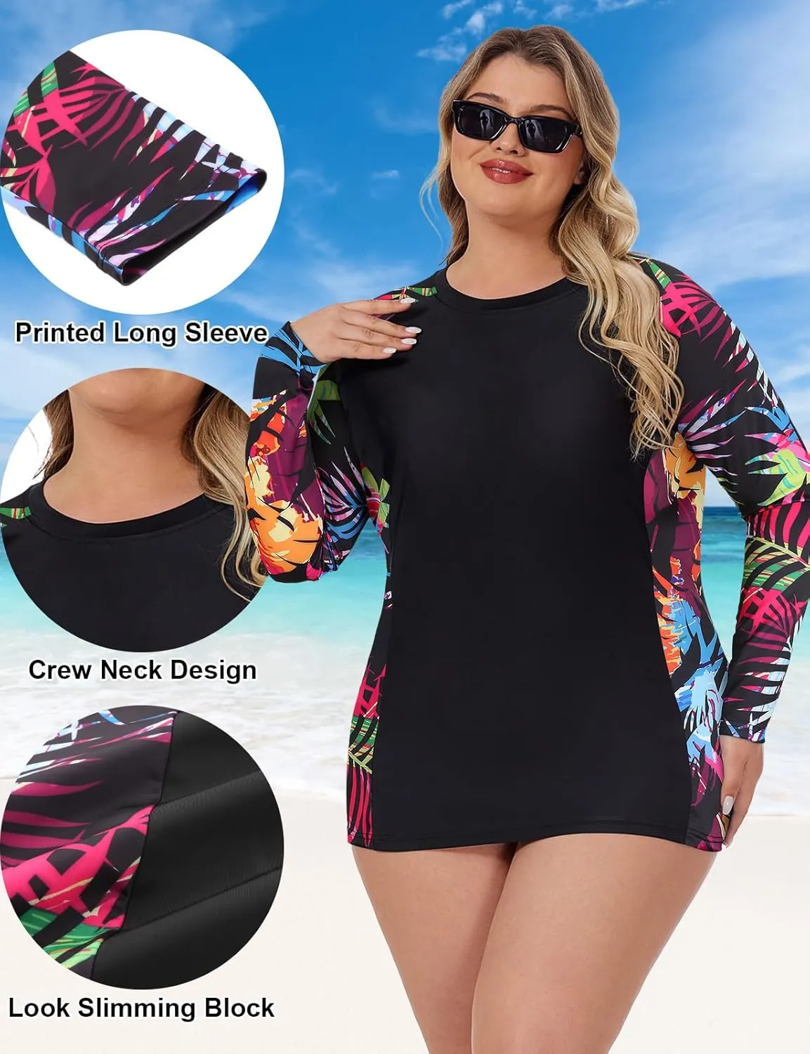 Zamowoty Women's Plus Size Rash Guard Long Sleeve Swim Shirt UPF50  Sun Protection Loose Fit Quick Dry Swimsuit Tops