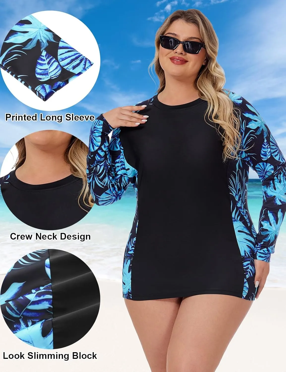 Zamowoty Women's Plus Size Rash Guard Long Sleeve Swim Shirt UPF50  Sun Protection Loose Fit Quick Dry Swimsuit Tops