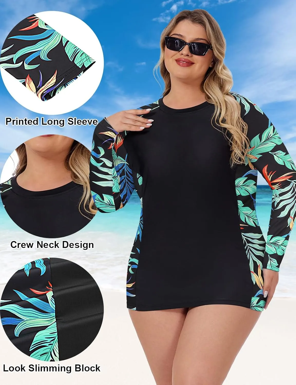 Zamowoty Women's Plus Size Rash Guard Long Sleeve Swim Shirt UPF50  Sun Protection Loose Fit Quick Dry Swimsuit Tops