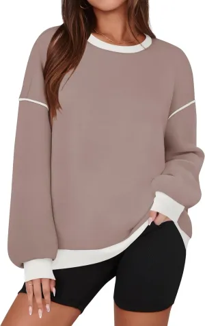 ZESICA Sweatshirts for Women Casual Long Sleeve Crewneck Contrast Color Oversized Pullover Tops Trendy Clothes